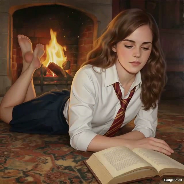 A young woman in a school uniform lies on a patterned rug by a lit fireplace, reading an open book.