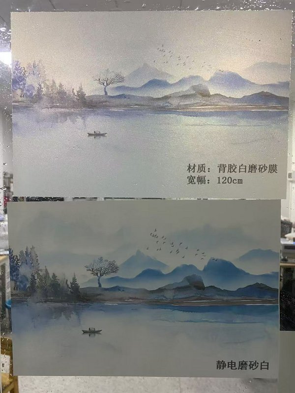 Serene lake landscape painting with distant mountains, a small boat on calm water, and birds in t...
