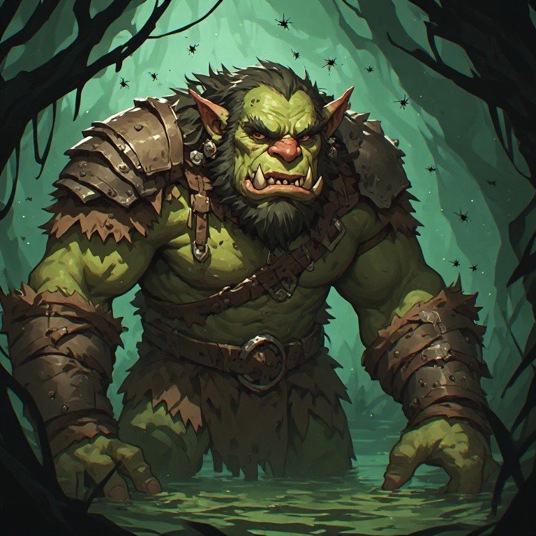 Green orc warrior in swampy cave with armor, snarling and ready for battle.