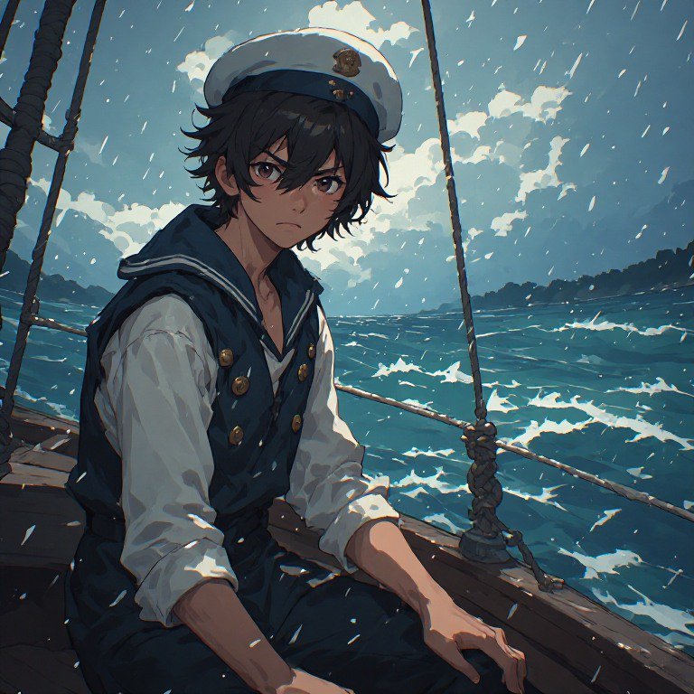 Anime-style young sailor on a ship deck in a rainy, windy sea scene.