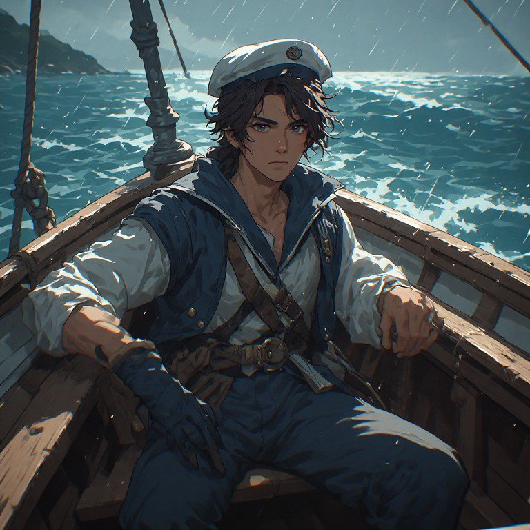 A stylized anime-style sailor in a white hat sits in a wooden boat on a rainy, windy sea.