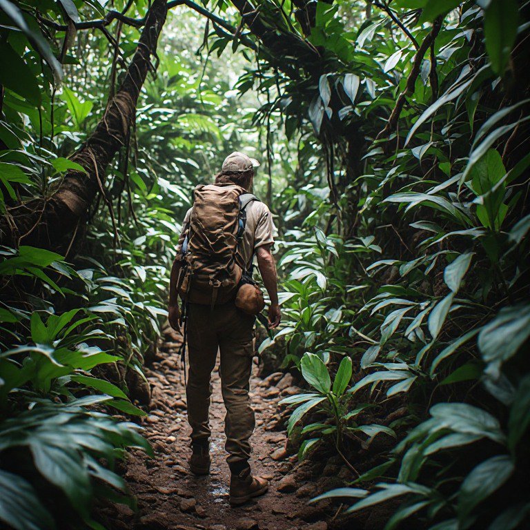 Hiker with brown backpack walking along a dense tropical jungle trail.