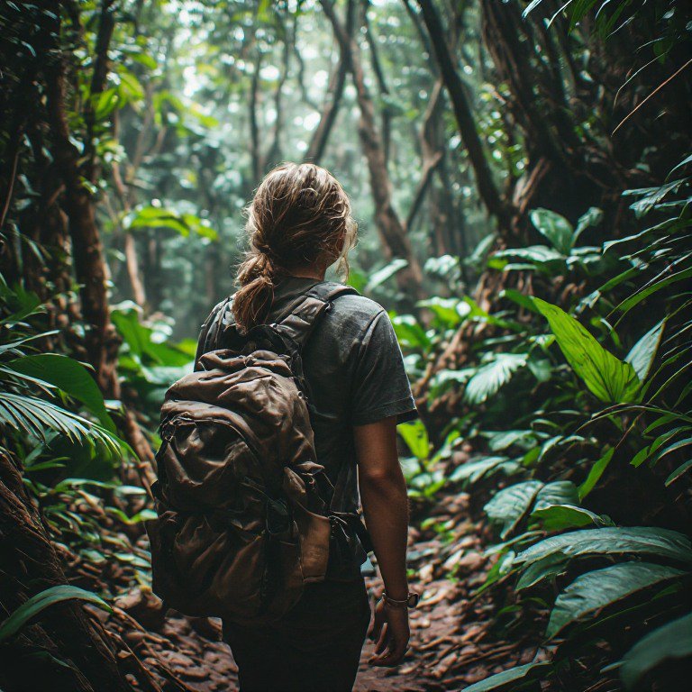 Person with a large brown backpack walking through a dense rainforest, back view.