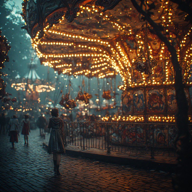 Girl in a vintage dress standing on a cobblestone street beside an illuminated carousel at night.