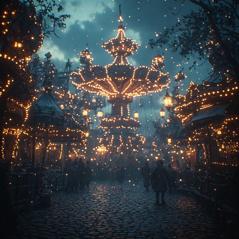 Nighttime carnival carousel illuminated by warm string lights over a cobblestone street.