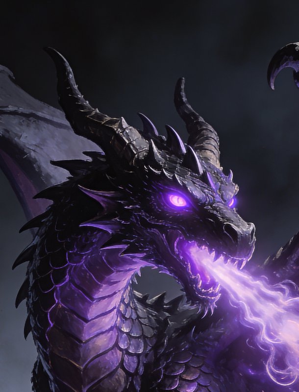 Dark dragon with glowing purple eyes breathing purple flames