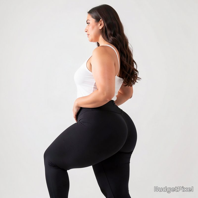 Curvy plus-size woman poses in profile wearing activewear against a plain light studio backdrop