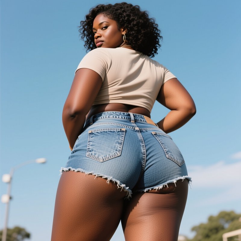 Curvy Black woman looks over her shoulder posing outdoors in a crop top and frayed denim shorts u...