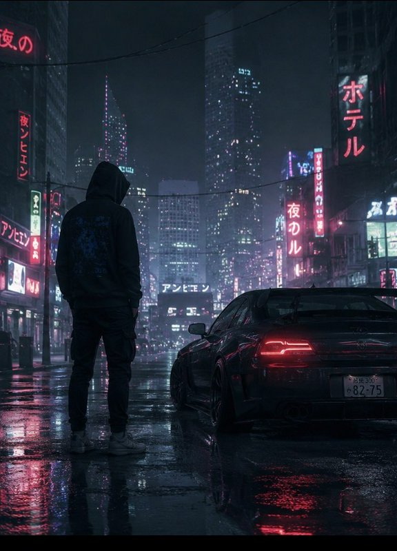 Person in a hoodie standing beside a neon-lit wet street with a sports car in a cyberpunk city at...