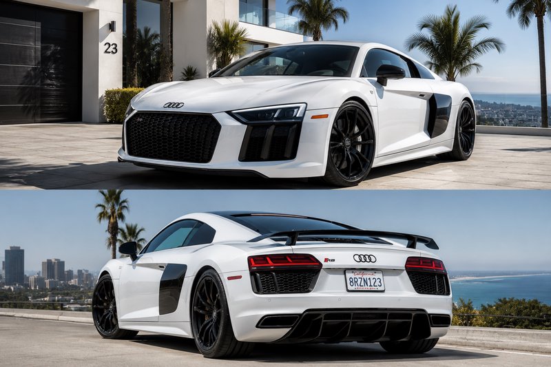 White Audi R8 sports car, front and rear views, parked outdoors with coastal city backdrop.