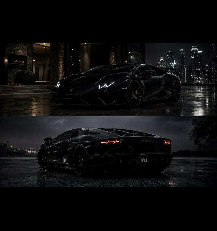 Black Lamborghini supercar at night with city lights in the background