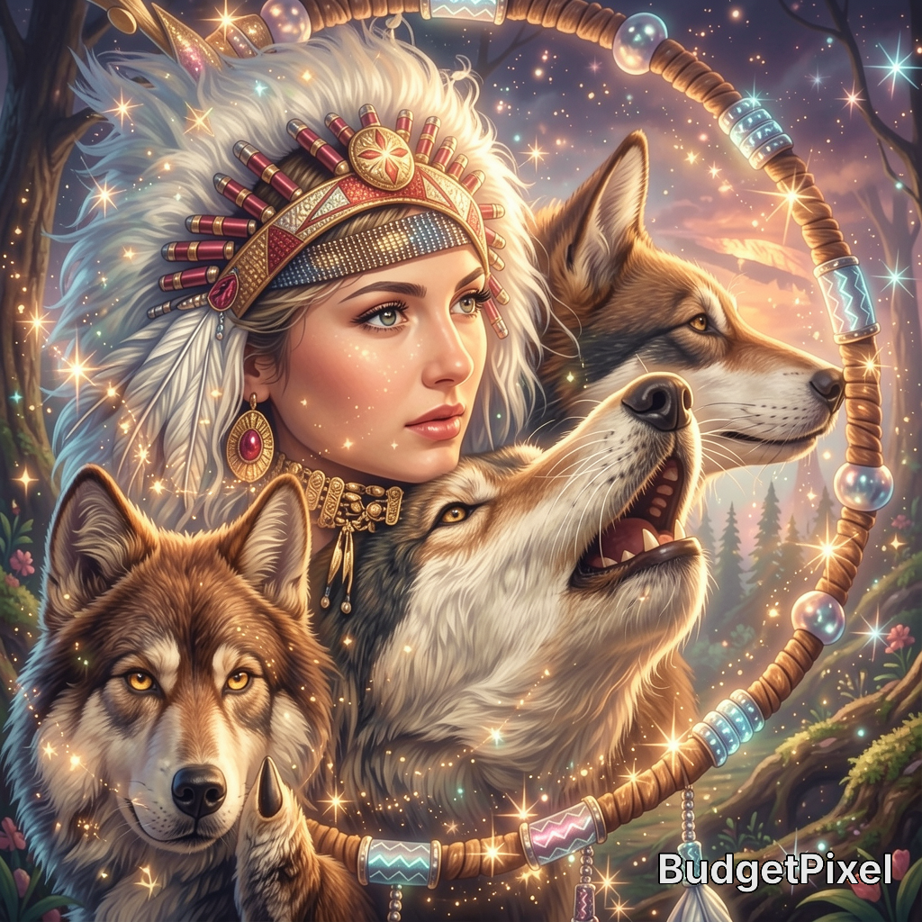 Fantasy woman with a feathered headdress surrounded by three wolves in a magical, starry forest scene