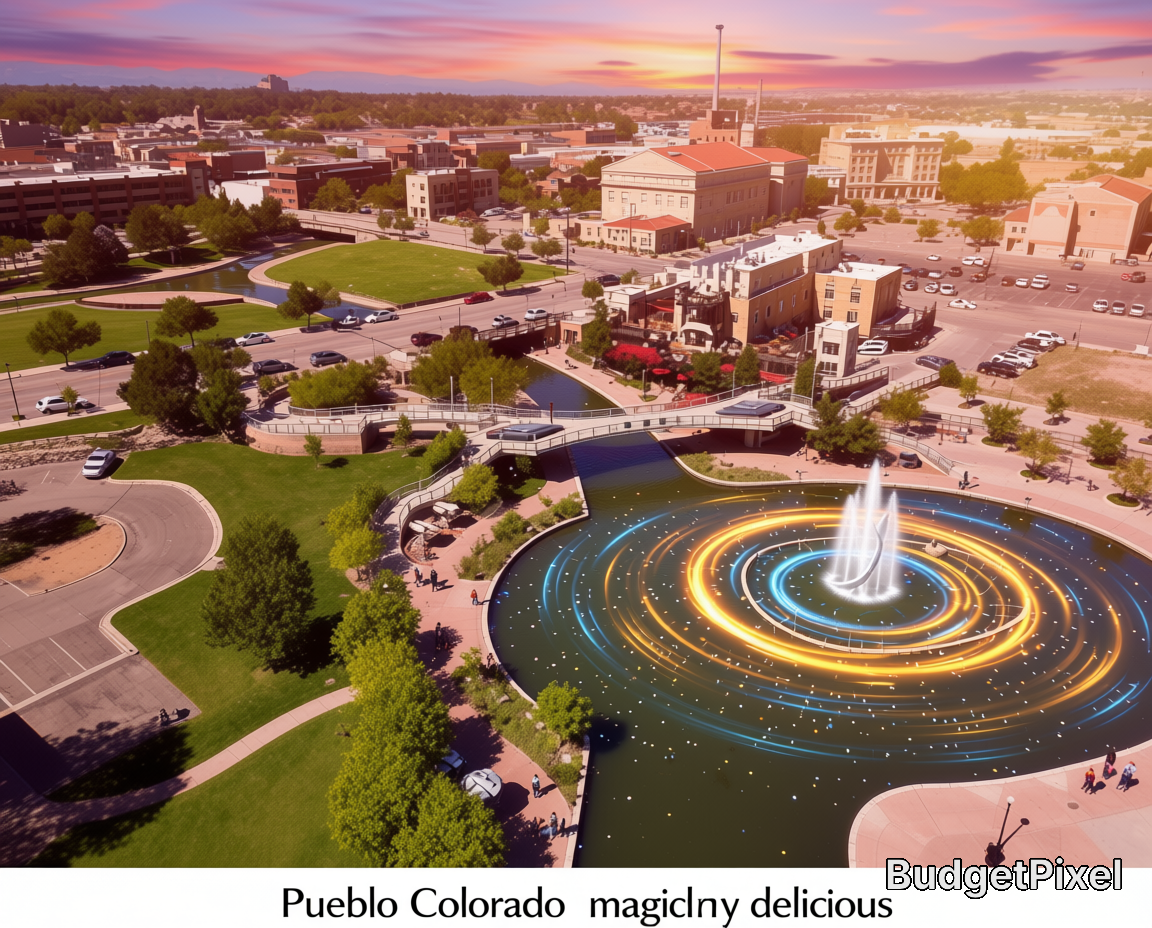 Aerial view of Pueblo, Colorado, featuring a circular illuminated fountain in a park surrounded by streets and buildings.