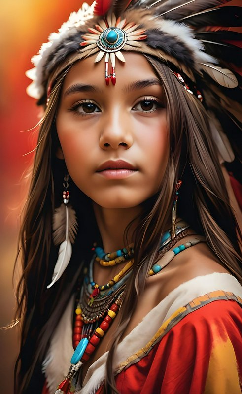 Young girl wearing a feather headdress with turquoise centerpiece and bead jewelry