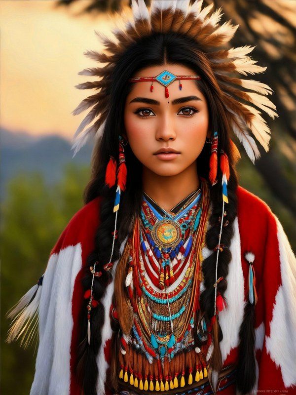 Portrait of a young woman in a vibrant Native American-inspired headdress and beaded jewelry.