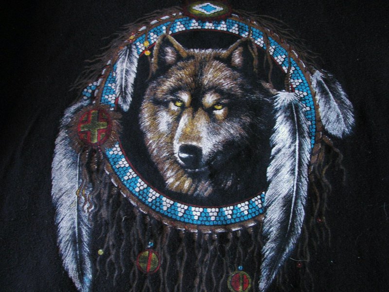 Wolf head inside a circular beaded dreamcatcher with blue beads and feathers on a dark background