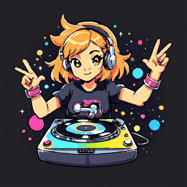 Cute cartoon girl DJ with headphones at a colorful turntable, flashing peace signs.