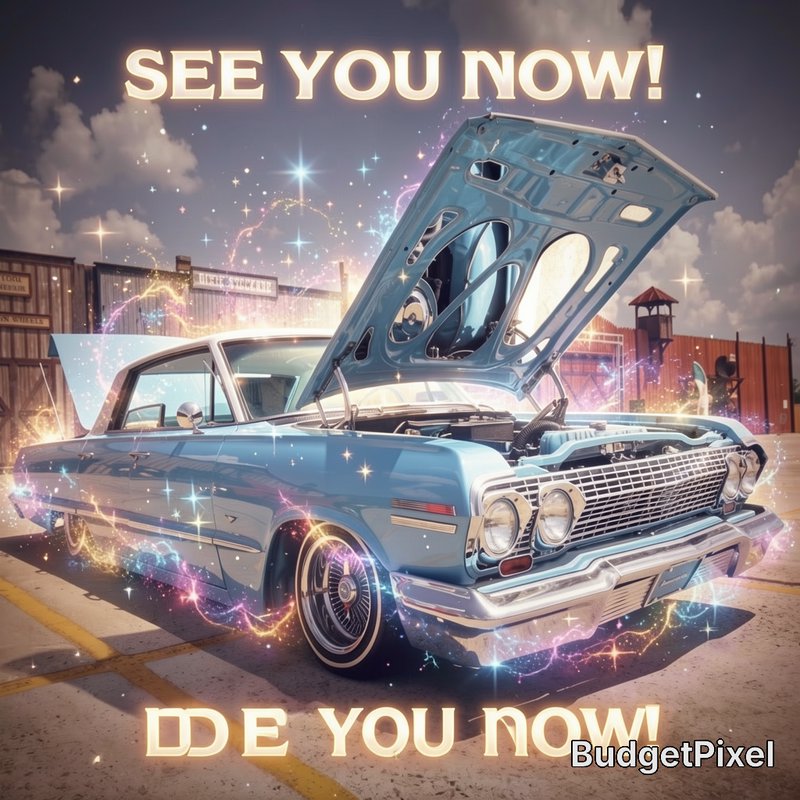 Vintage blue classic car with open hood and neon sparkles in a sunny parking lot