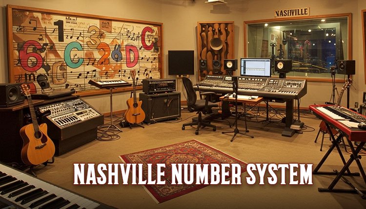 Recording studio with guitars, keyboards, and a large colorful "Nashville Number System" mural.