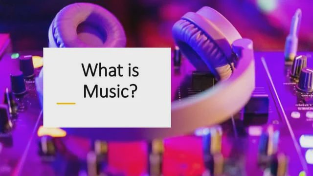 DJ headphones and mixer with a card reading "What is Music?" in vibrant purple lighting