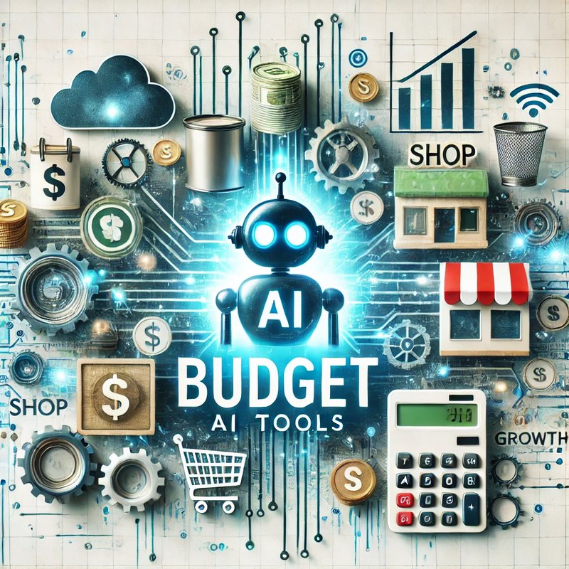 Blue glowing AI robot at center surrounded by budget tools, gears, coins, and charts.