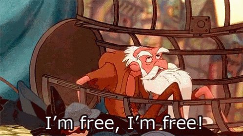 Cartoon bearded old man inside a wheel cage shouting “I’m free, I’m free!”