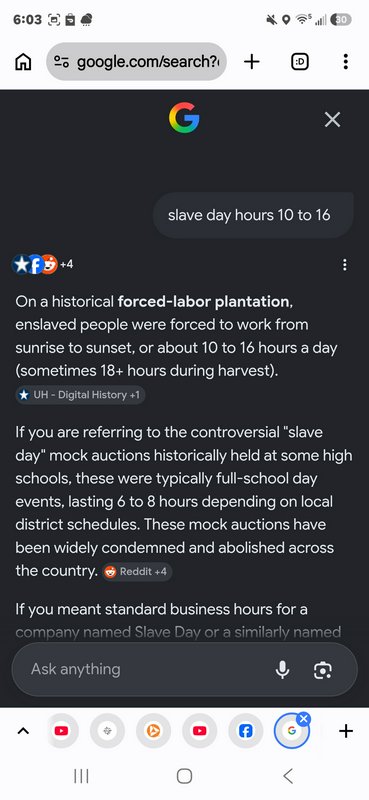 Mobile dark mode Google Search screenshot showing AI results answering a query about historical s...