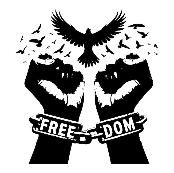 Raised chained fists spelling FREEDOM with flying doves overhead, symbolic liberation silhouette ...