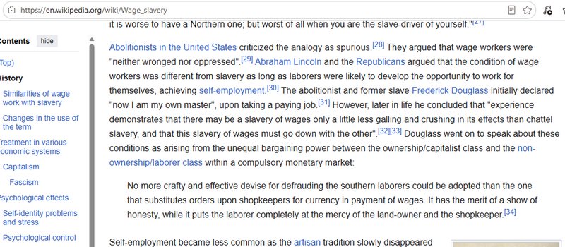 Screenshot of the Wikipedia Wage slavery article page, displaying cited historical text about lab...