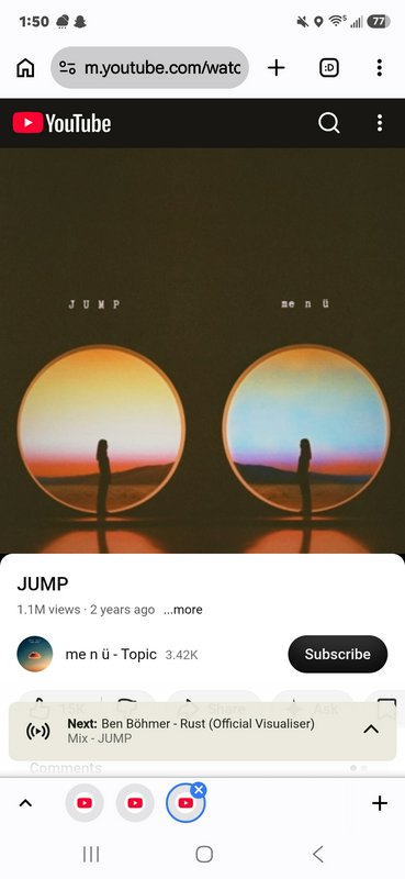 Mobile YouTube screenshot displaying the "JUMP" music visualizer by me n ü, with dual circular su...
