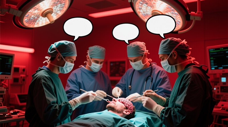 Four surgeons perform brain surgery on a patient, with blank comic speech bubbles in a red lit op...