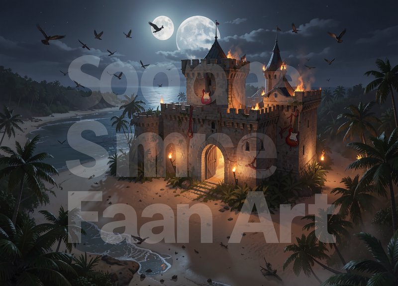 Burning fantasy stone castle on a tropical beach under two full moons, with palm trees, flying bi...