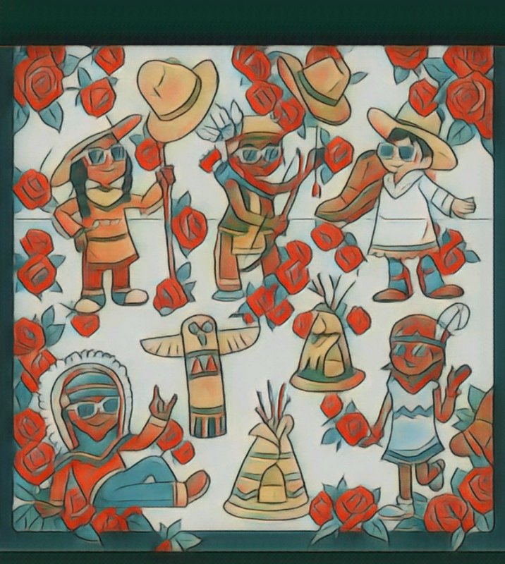 Whimsical stylized illustration of Indigenous cartoon characters in cowboy hats, framed by red ro...