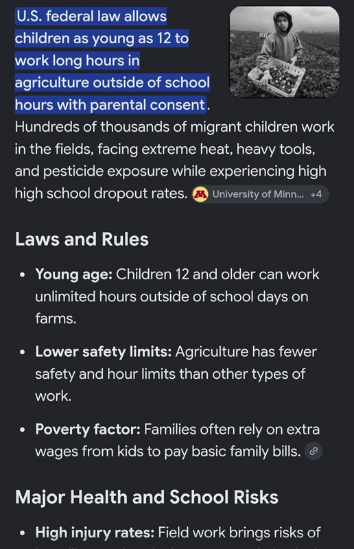 Infographic outlining U.S. child agricultural labor laws, hazards for minor farm workers, with ph...