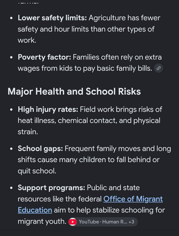 Dark mode educational infographic outlining child agricultural labor risks, health hazards, schoo...
