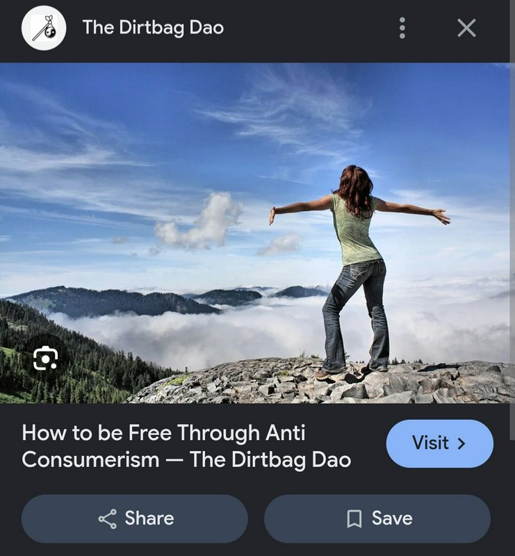 Social post from The Dirtbag Dao featuring a woman with outstretched arms standing on a rocky mou...