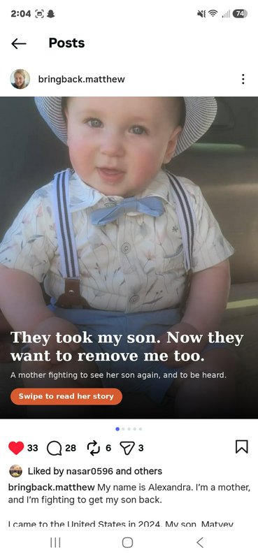 Screenshot of an advocacy Instagram post featuring a smiling toddler, with text detailing a mothe...