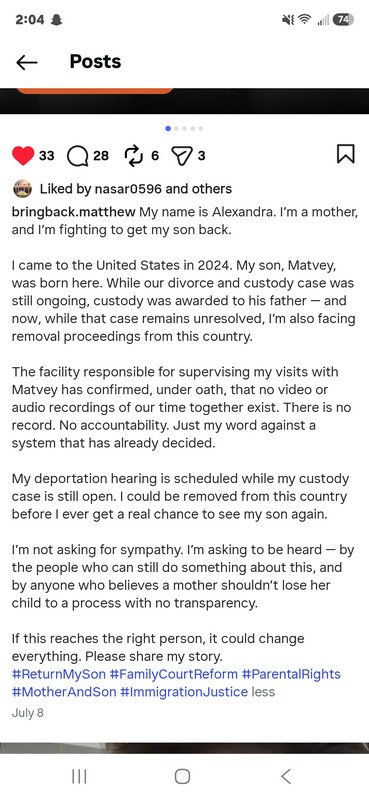 Screenshot of a social media post where mother Alexandra pleads for help reuniting with her son M...