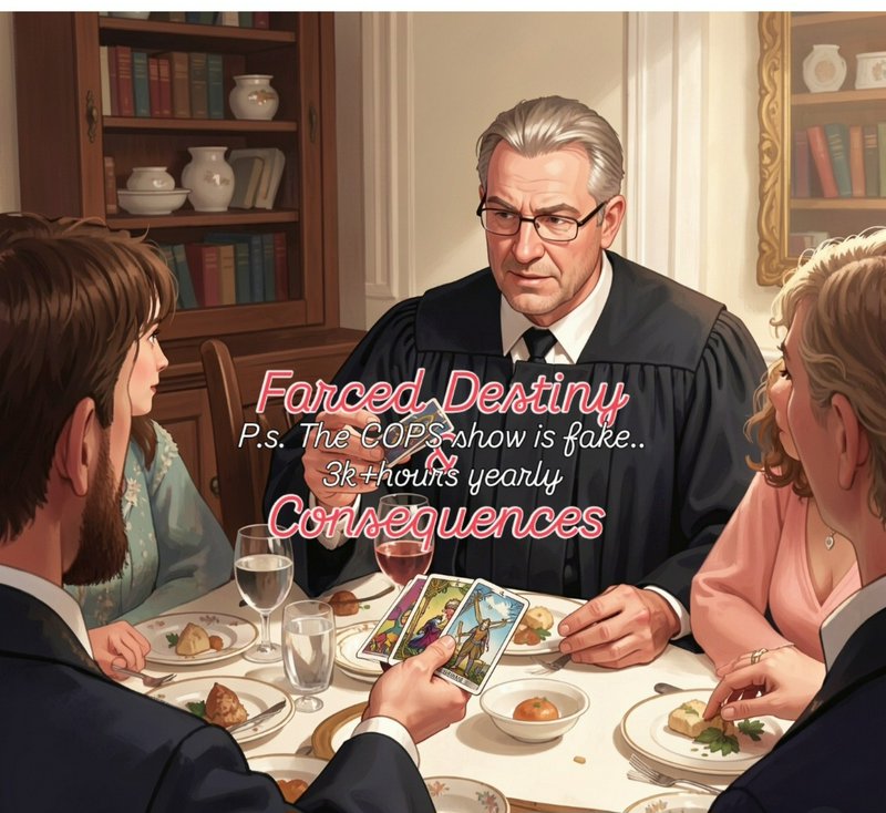 Surreal anime-style meme of a judge holding tarot cards at a formal dinner party, overlaid with h...