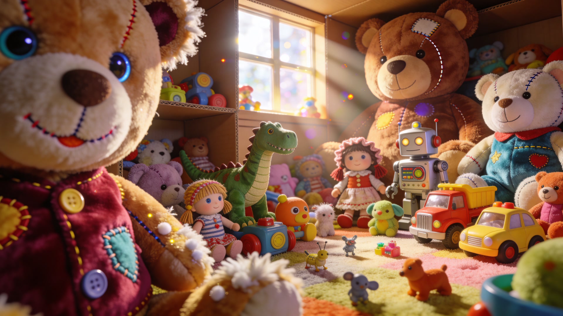Bright sunlit toy-filled playroom with plush bears, dolls, dinosaur, and a smiling robot