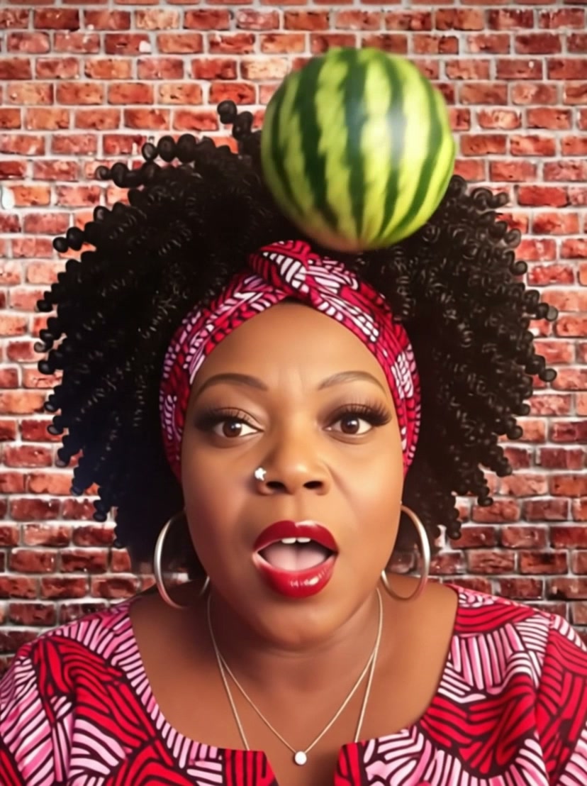 Woman with an Afro wearing a red patterned headwrap, balancing a watermelon on her head in front ...