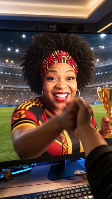 User reaches through a monitor to fist bump a joyful Black sports streamer holding a gold champio...
