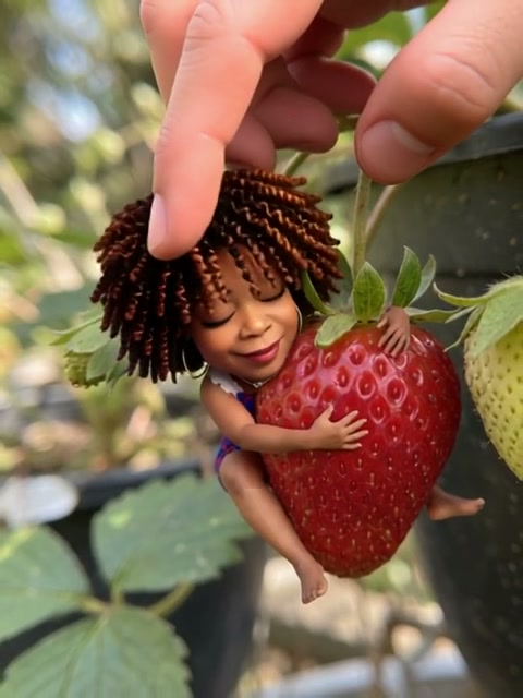 Whimsical tiny miniature Black girl hugging a ripe red strawberry, as a human hand gently pets he...