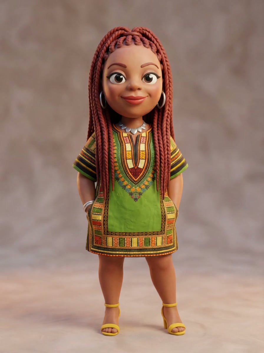 3D stylized cartoon portrait of a smiling Black woman with long reddish braids wearing a patterne...