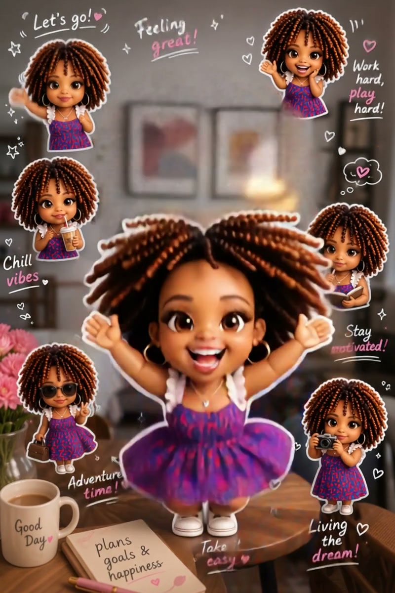 Sticker sheet of cute chibi Black girl with mini locs, positive motivational quotes, cozy desk ba...