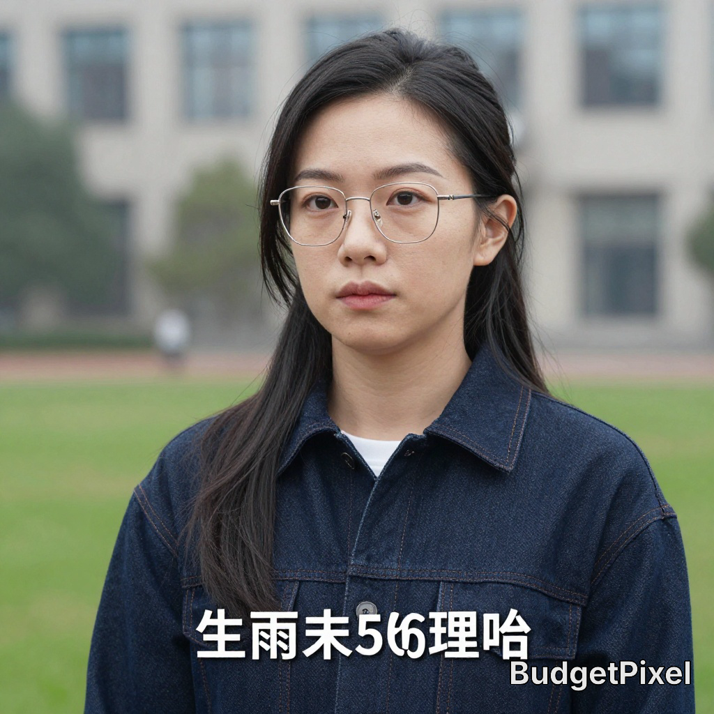 Young woman with round glasses in a denim jacket outdoors on a campus.