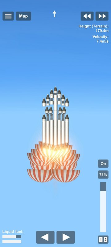 Stack of rockets launching from an orange spiral flame against a blue sky.