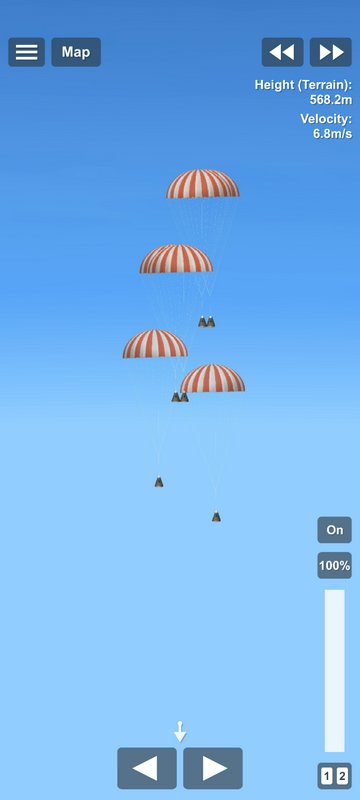 Multiple orange-and-white parachutes descending in a blue sky with game UI elements.