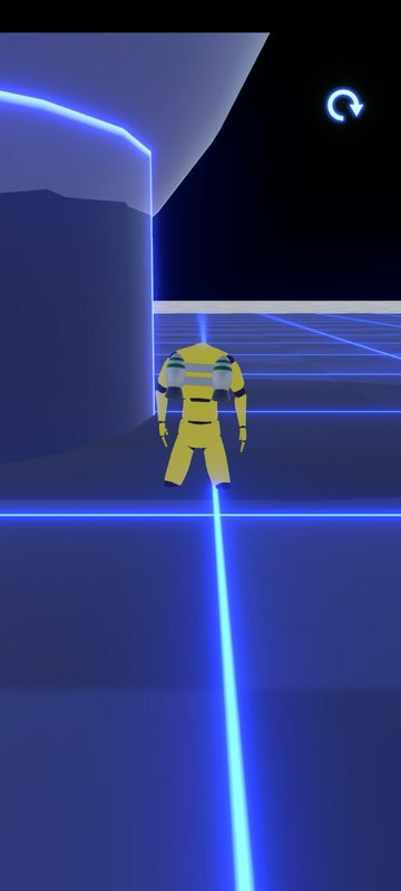 Yellow humanoid robot stands on a glowing blue grid in a neon sci-fi landscape.