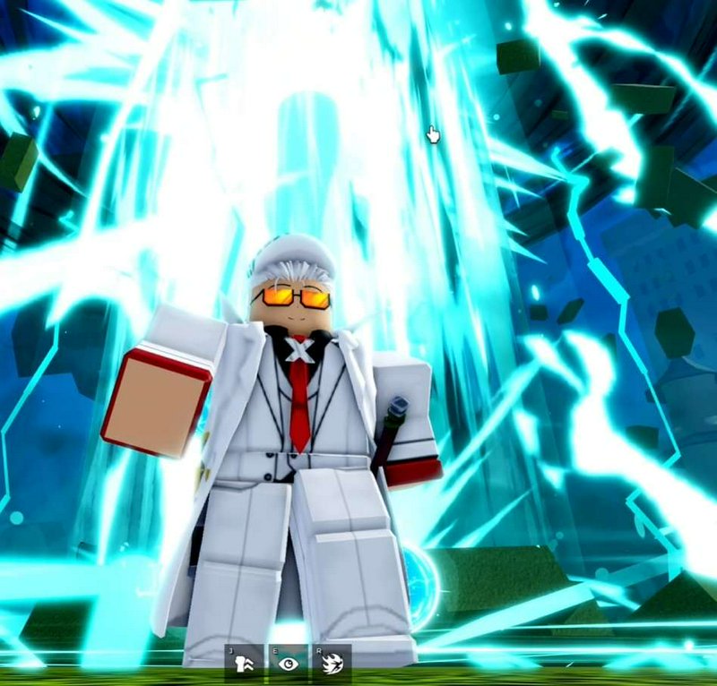 Roblox-style figure in a white suit and red tie surrounded by bright blue electric energy.